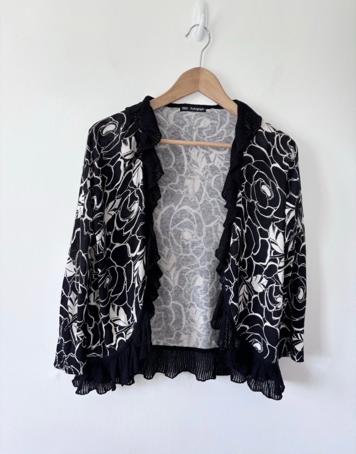 Autograph M&S Women’s Black White Floral Open Front Ruffled Cardigan Size 12
