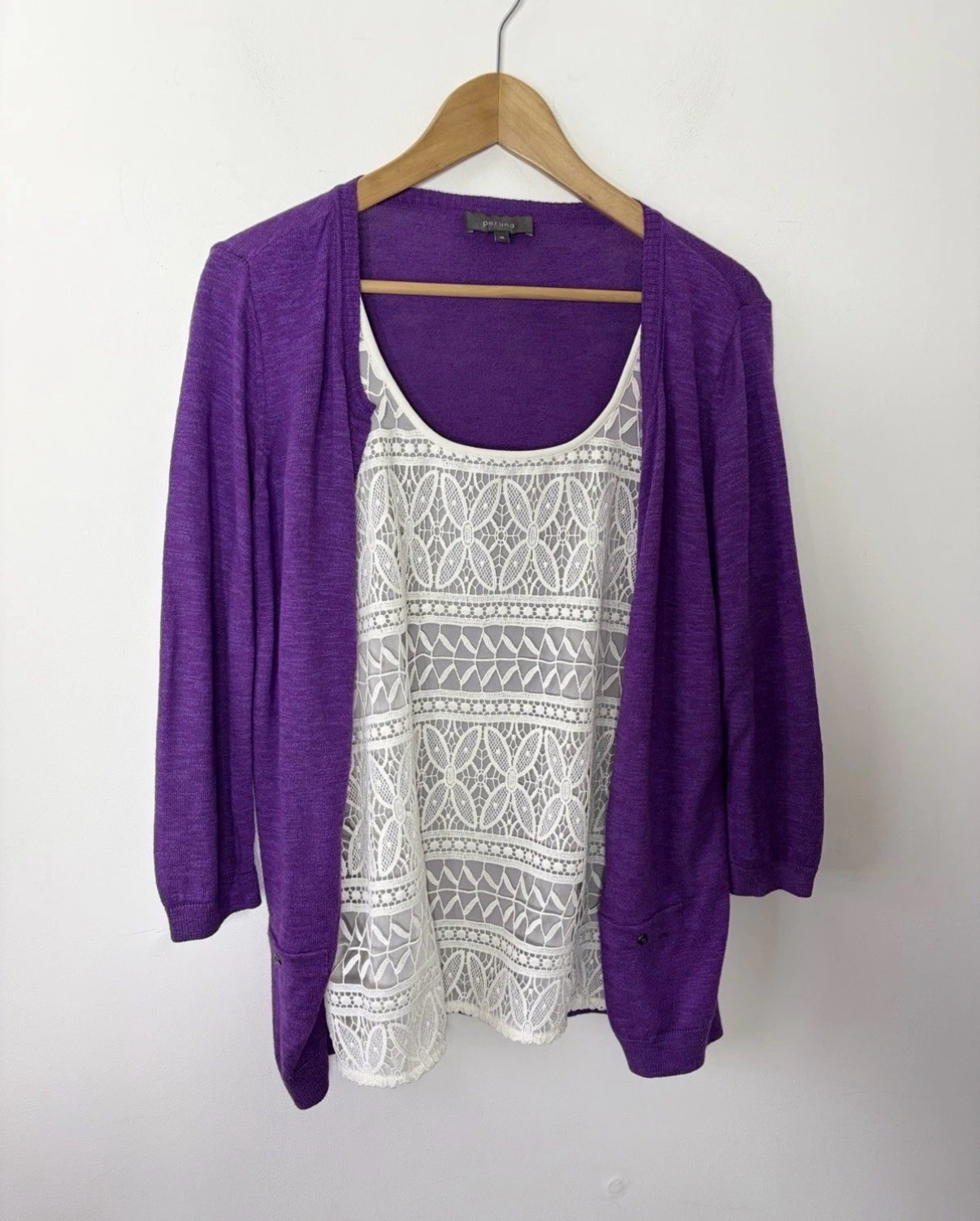 Per Una M&S Purple Knitted Cardigan With Built-In White Lace Top Size 16