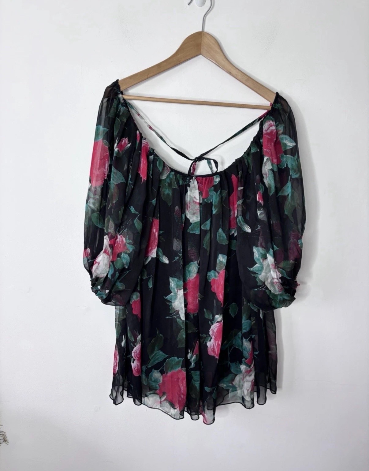 Romantic Bohemian Boho Apricot Black Chiffon Floral Tunic Blouse Size Medium