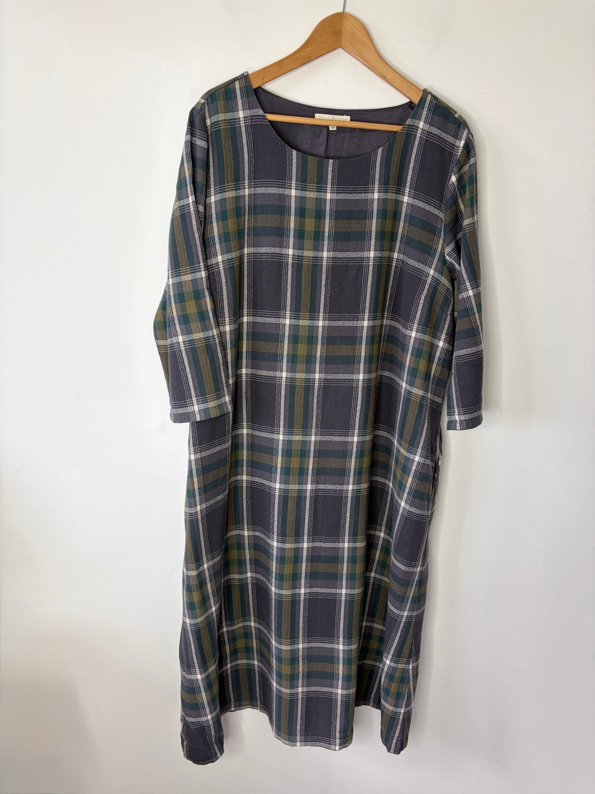 Seasalt Cornwall Tregeseal Grey Green Checked 3/4 Sleeve Lined Dress Size 18