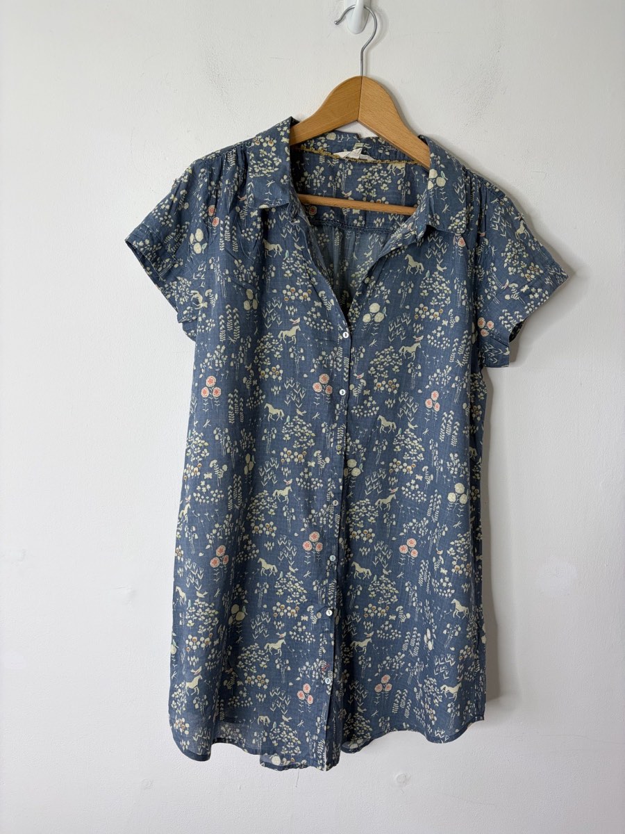 White Stuff Women’s Blue Horse Flower Print Long Cotton Summer Tunic Top Size 10