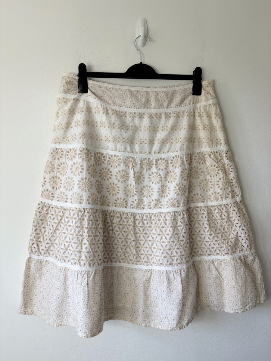 Boho Principles Cream Tiered Broderie Anglaise Floral Eyelet Midi Skirt Size 16
