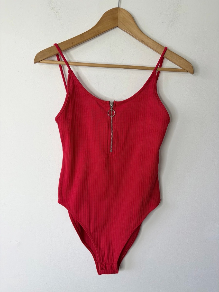Topshop Women’s Red Ribbed Stretchy Spaghetti Strap Zip Detail Bodysuit Size 12