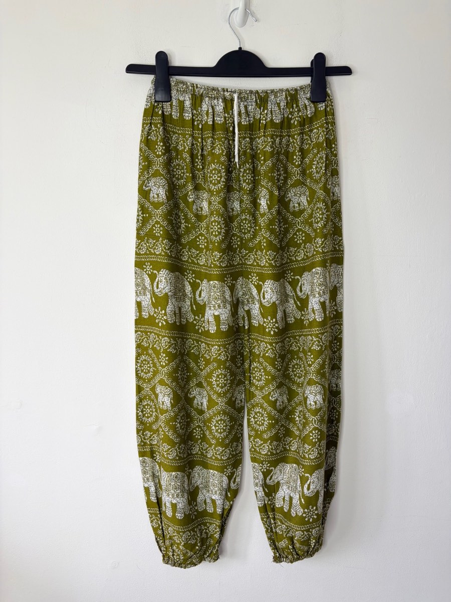 Boho Bohemian Green Elephant Print Harem Lightweight Trousers Size Small