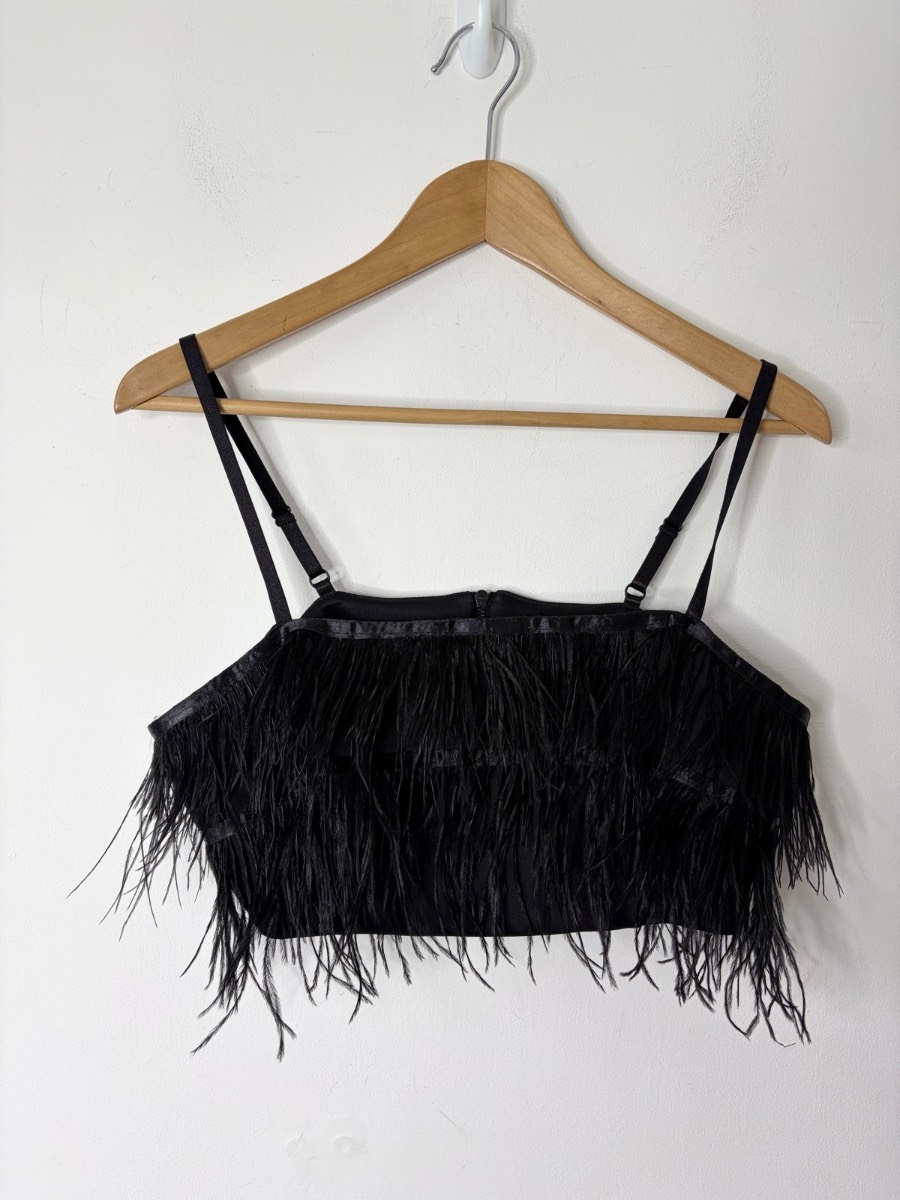 Topshop Women’s Black Boheme Feather Trimmed Satin Bralet Crop Cropped Top 16 Goth