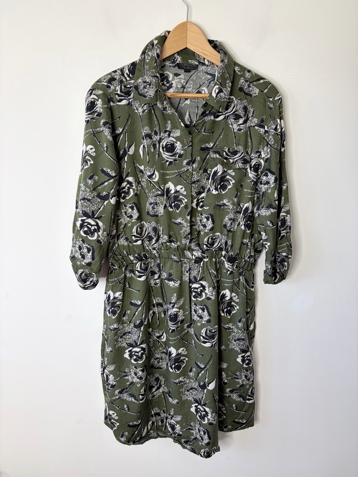 Topshop Women’s Floral Green Utility Shirt 3/4 Sleeve Dress Size 16