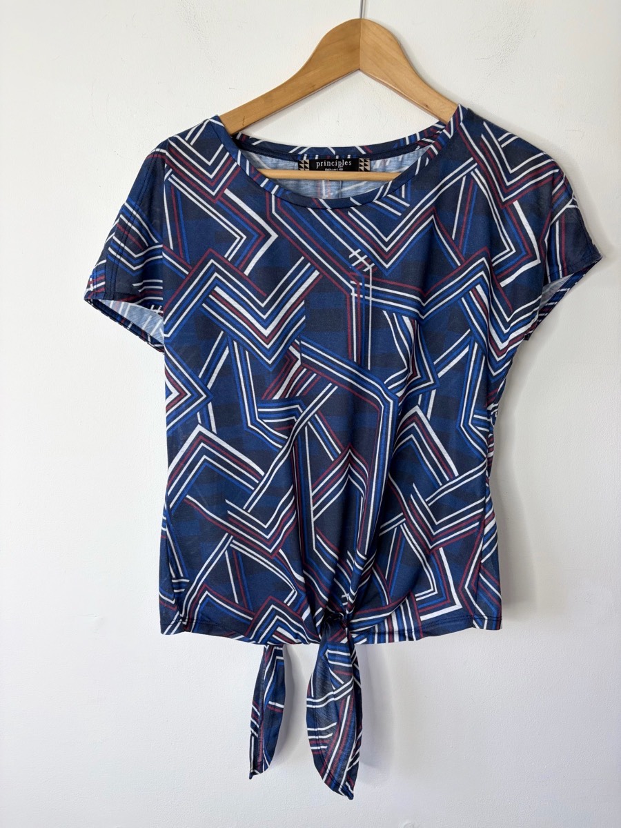 Principles Women’s Blue Bold Geometric Print Short Sleeved Front Tie Top Size 10