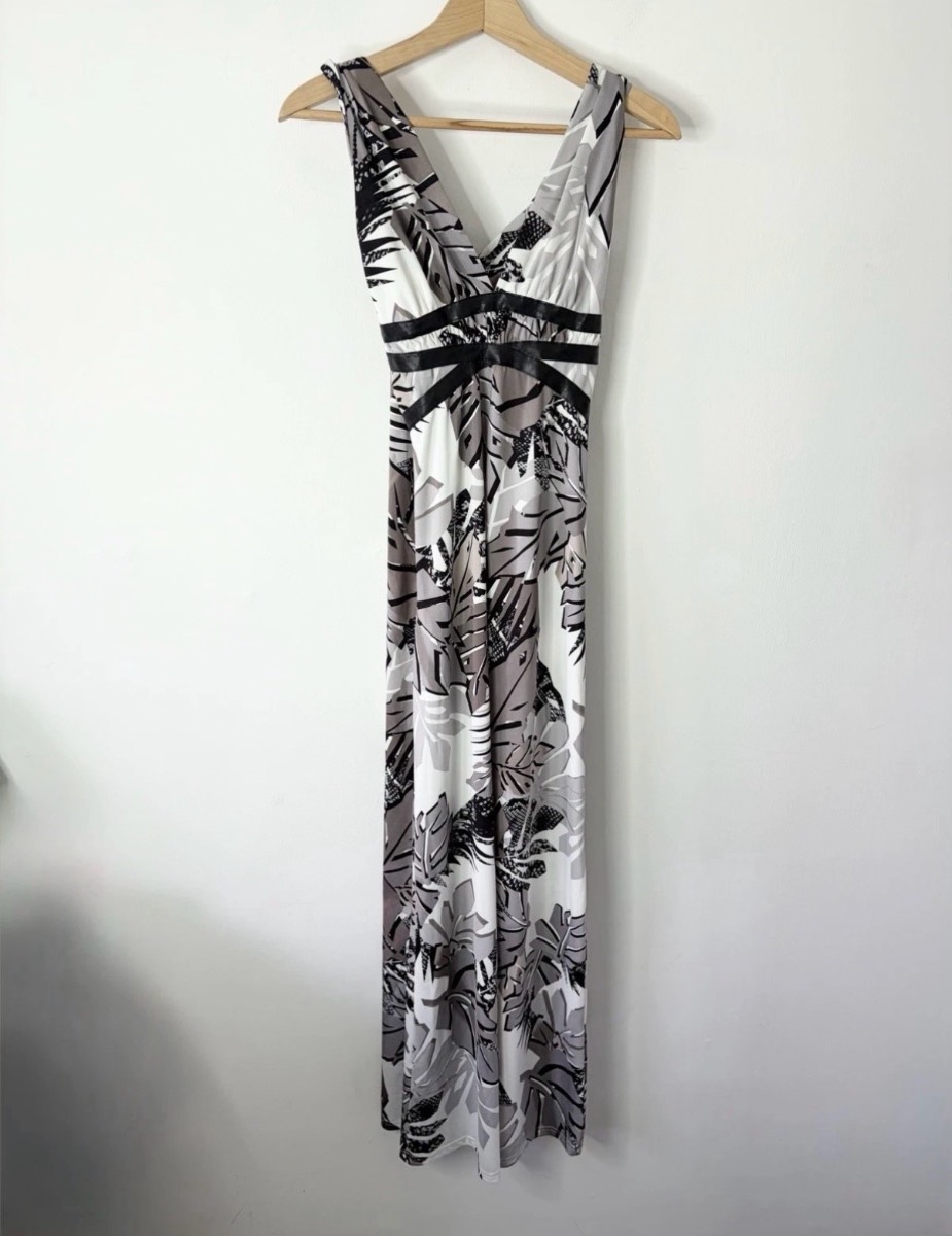 Y2K Jane Norman Grecian Style  Grey Monochromatic Leaf Print Maxi Dress Size 10