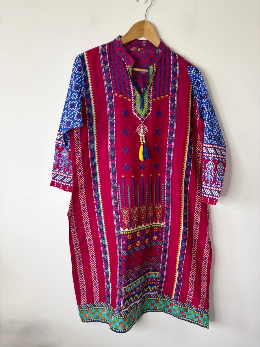 Khaadi Summer Vibrant Traditional Patterned Cotton Kurta Kaftan Dress Size XL