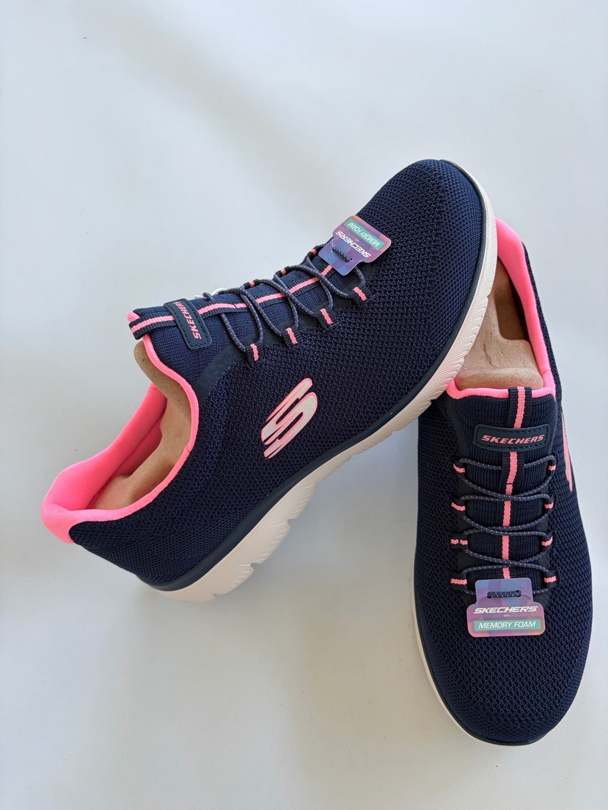 New Skechers Women’sNavy Pink Summits Cool Classic Slip On Trainers Size 7