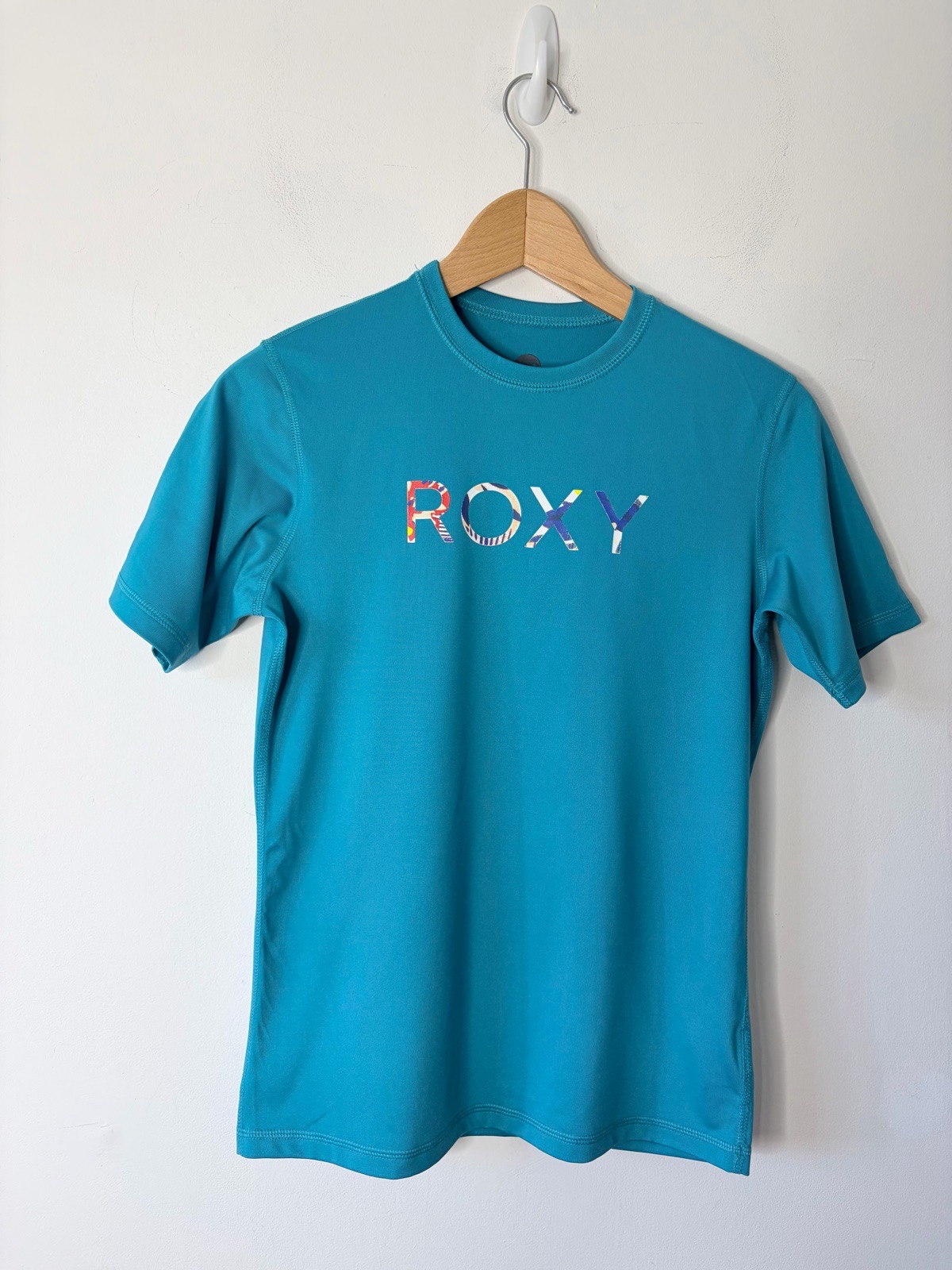 Roxy Women’s Bright Blue Tropical Logo Short Sleeved Rashguard Top Size 12