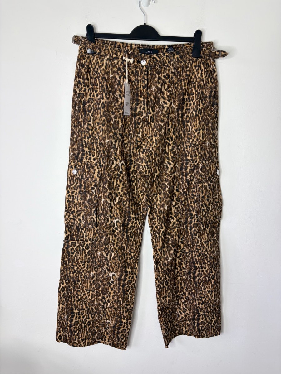 New Next Women Brown Leopard Print Adjustable Side Waist Cargo Trousers Size 12