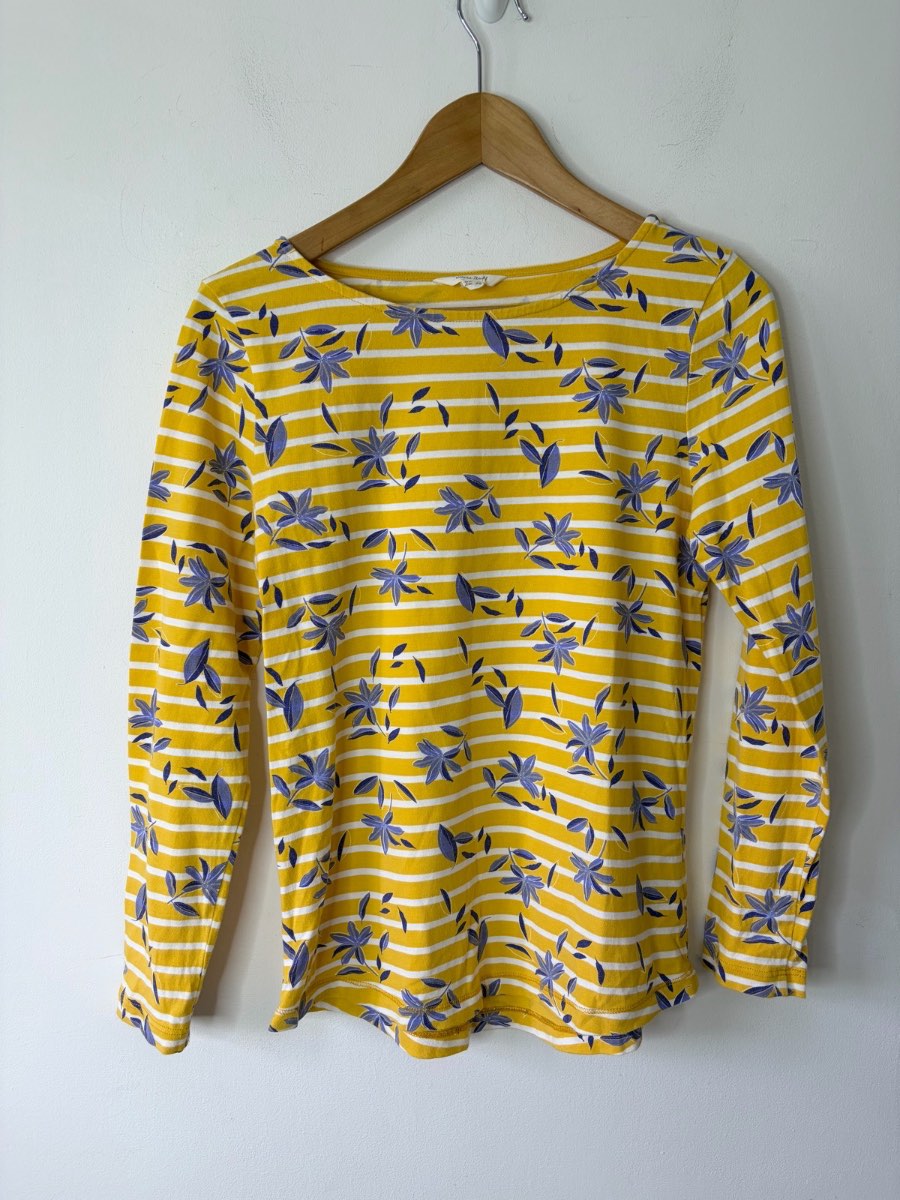White Stuff Women’s Yellow Stripe Blue Floral Print Long Sleeved Top Size 8