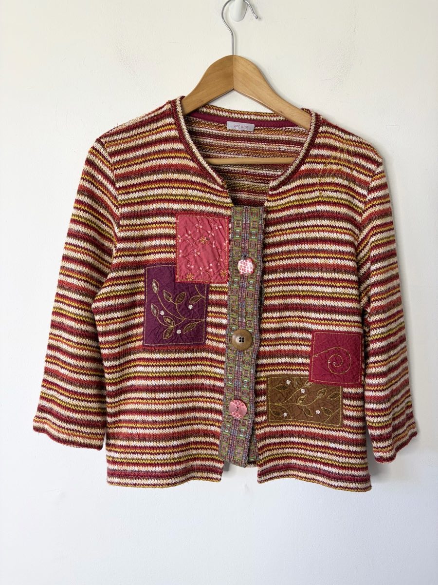 Boho Cottagecore Per Una Women’s Patchwork Knitted 3/4 Cardigan Size 18