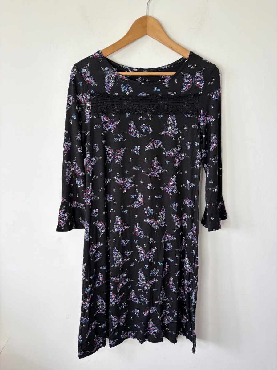 New M&Co Women’s Black Floral Print Jersey 3/4 Sleeve Dress Size 12 Petite