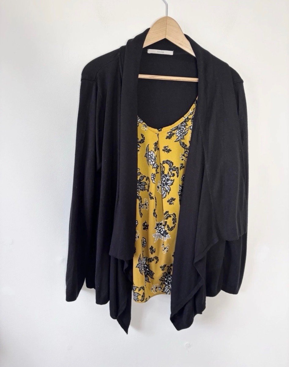 George Women’s Black Cardigan Built In Mustard Flower Print Top Size 14