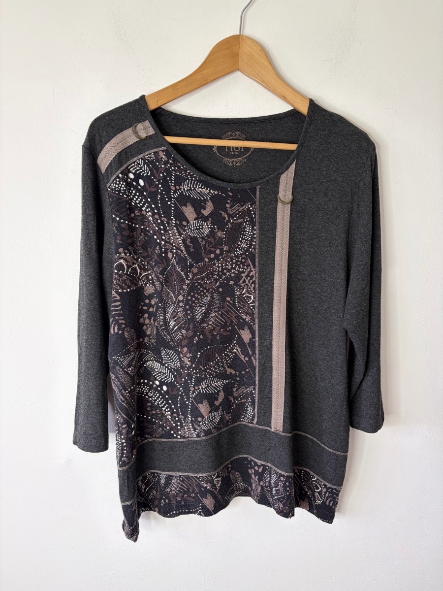 Tigi Women’s Grey Patterned Jersey 3/4 Sleeve Tunic Top Size 14-16