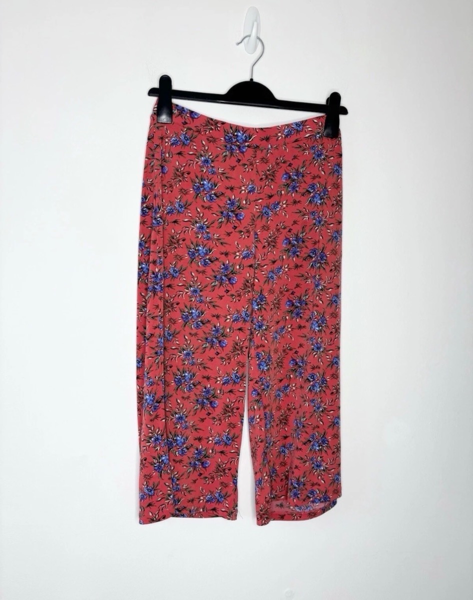 Very Women’s Red Floral Print Wide Leg Cropped Summer Trousers Size 8