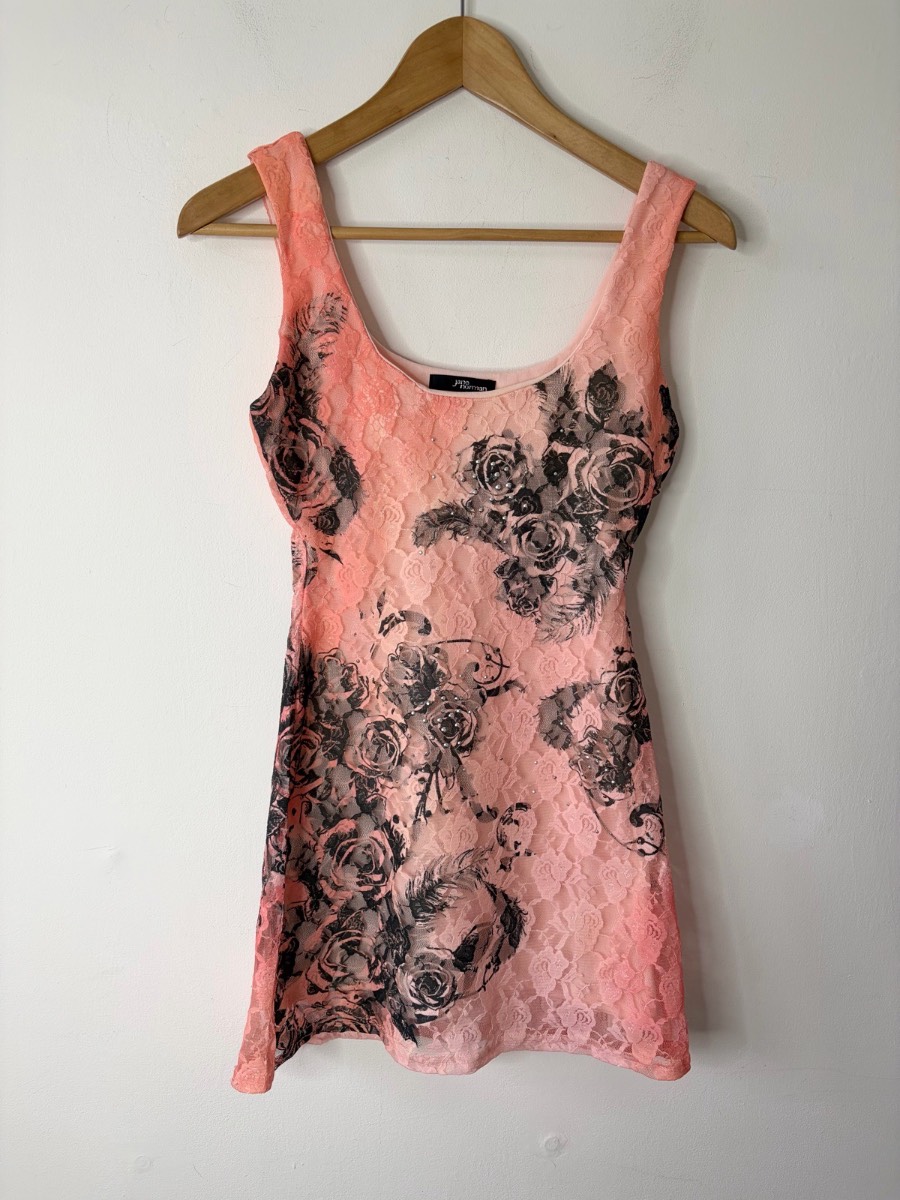 Y2K Jane Norman Women’s Coral Lace Layered Floral BodyCon Dress Size 10