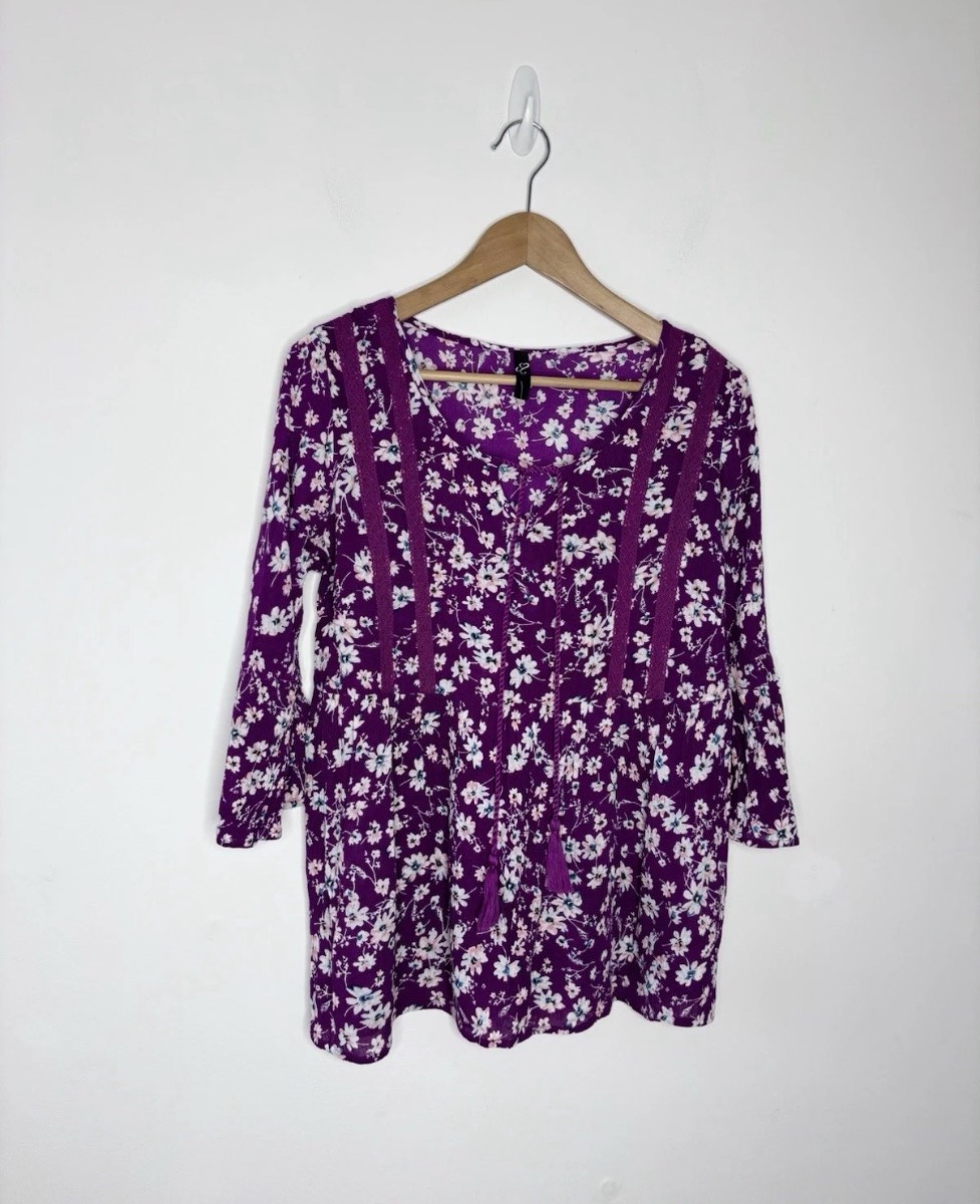 Yours Women’s Purple Floral Print 3/4 Sleeve Boho Blouse Size 16