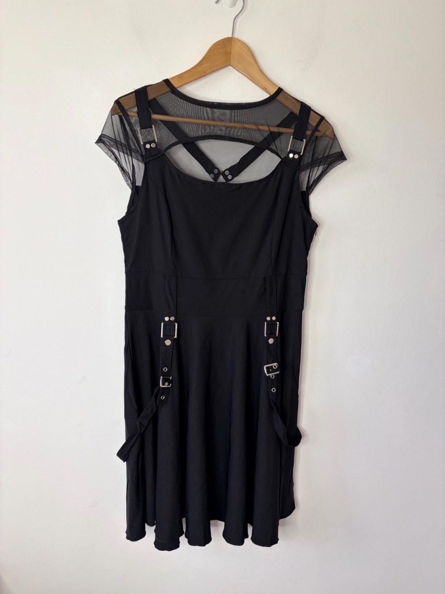 Gothic Streetwear Punk Emo Women’s Black Belted Mesh Dress Size 14-16 Goth