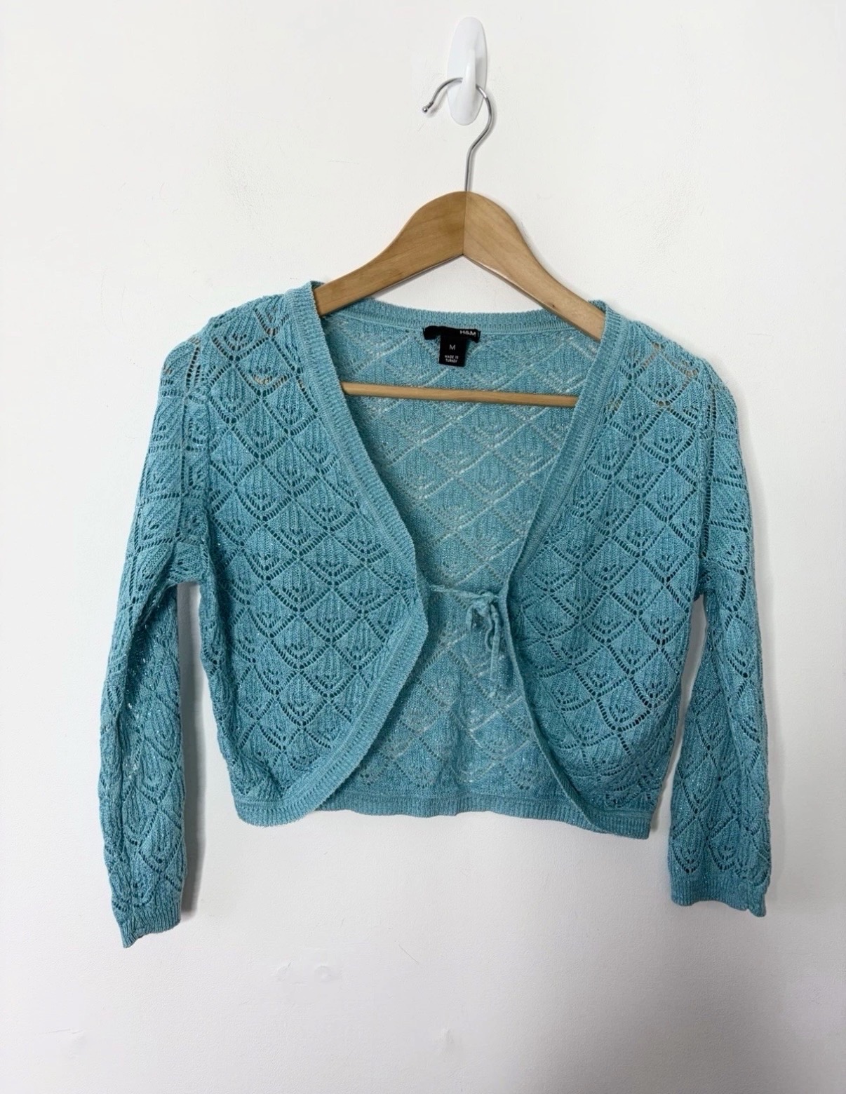 Y2K 2000s 90s H&M Turquoise Knitted Glittery Shrug Cropped Cardigan Size M
