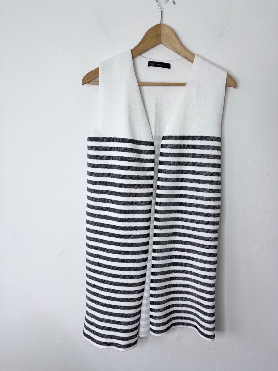 Marks & Spencer Women’s Vanilla Black Stripe Sleeveless Longline Waistcoat Cardigan Gilet Size S