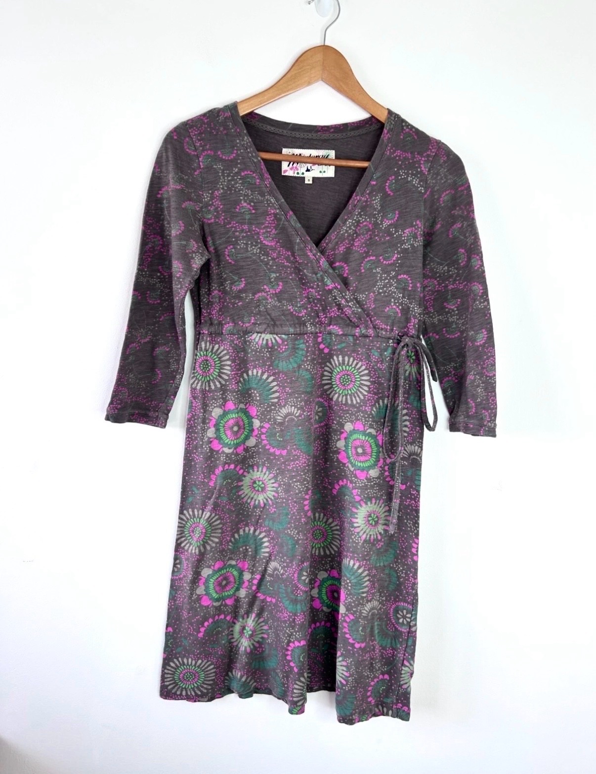 Mantaray Women’s Grey Floral Print Faux Wrap 3/4 Sleeve Tunic Dress Size 8