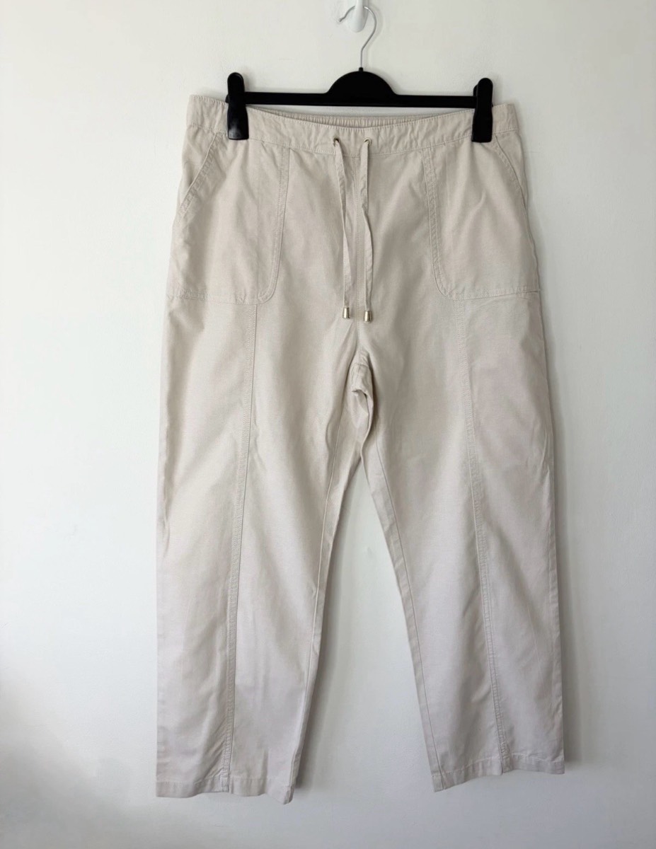 Isle Women’s Beige Straight Summer Elasticated Waistband Cotton Trousers Size 18