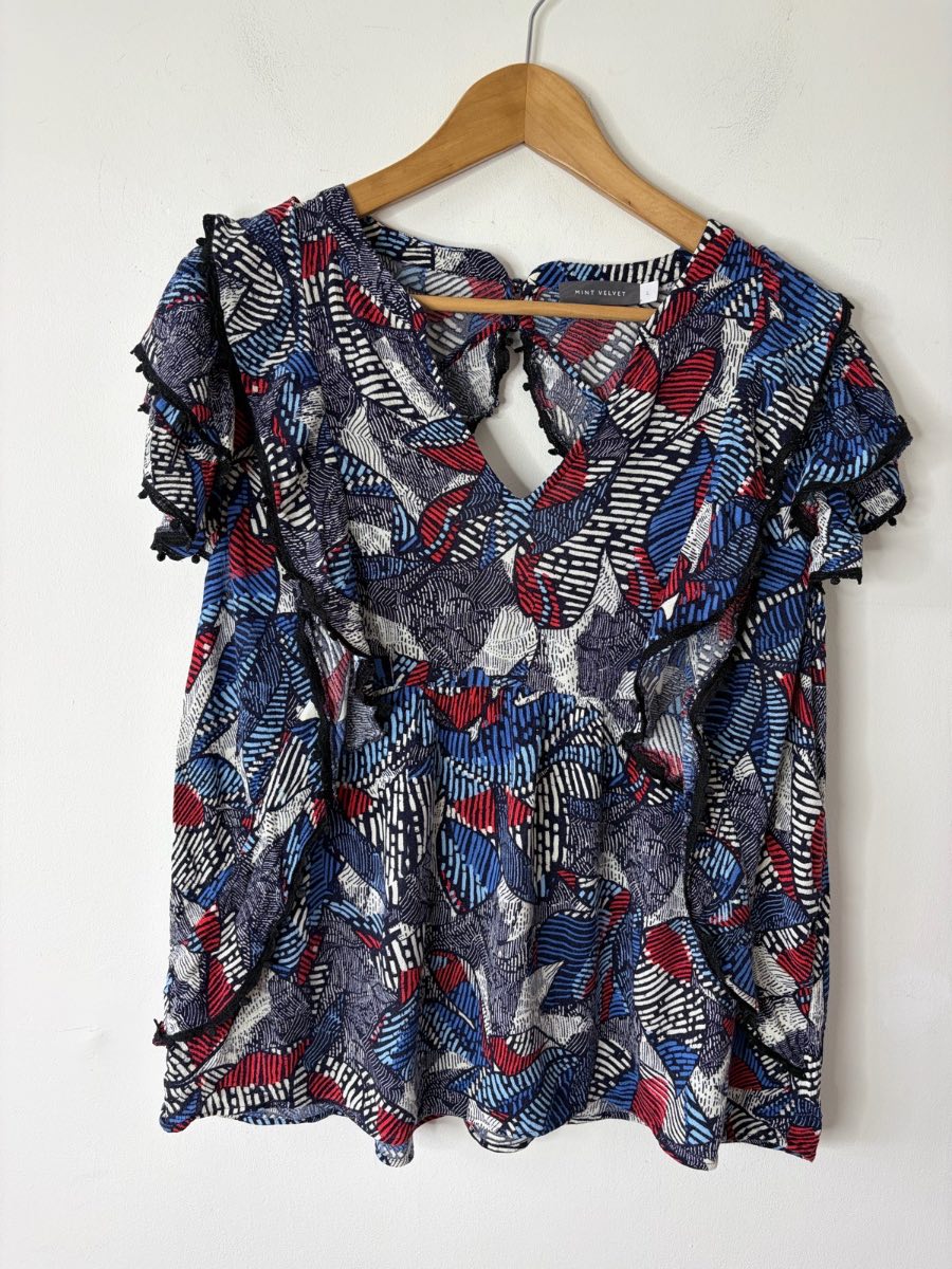 Mint Velvet Vibrant Multicoloured Abstract Print Layered Ruffle Blouse Size L