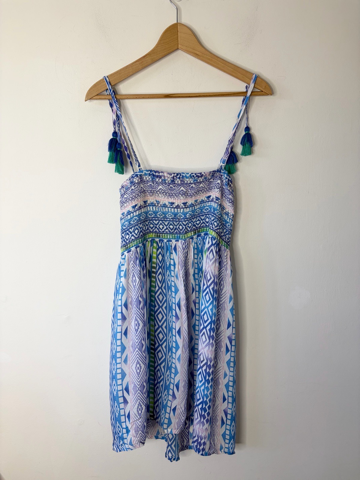 Mantaray Women’s Beautiful Blue Patterned Strappy Summer Smock Dress Size Small