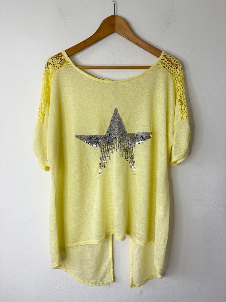 Made In Italy Women’s Yellow Sequin Star Open Back Summer Top One Size Holiday