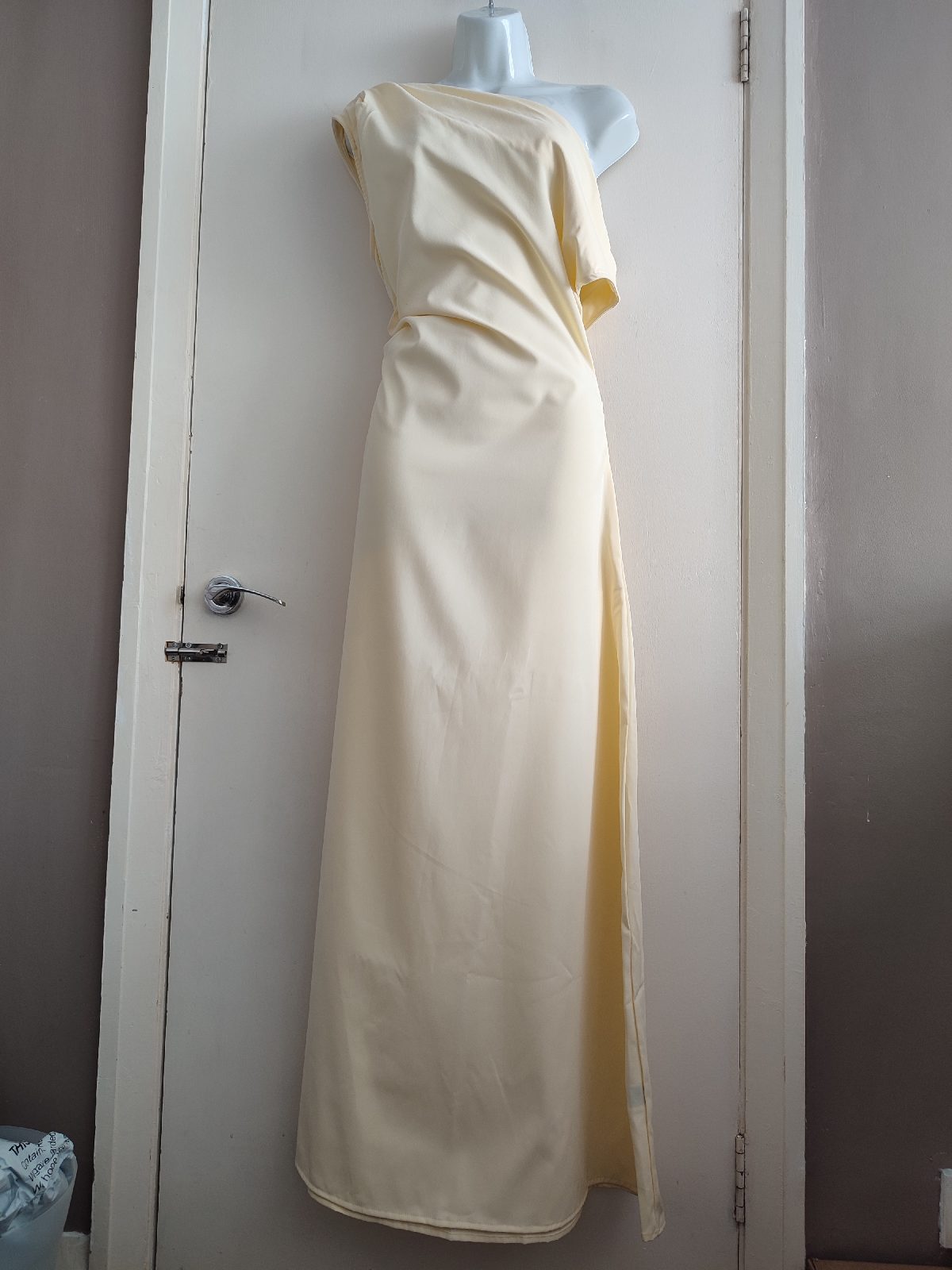 SHEIN Pale Yellow One Shoulder Maxi Dress Size L Ruched Bodycon Party Prom