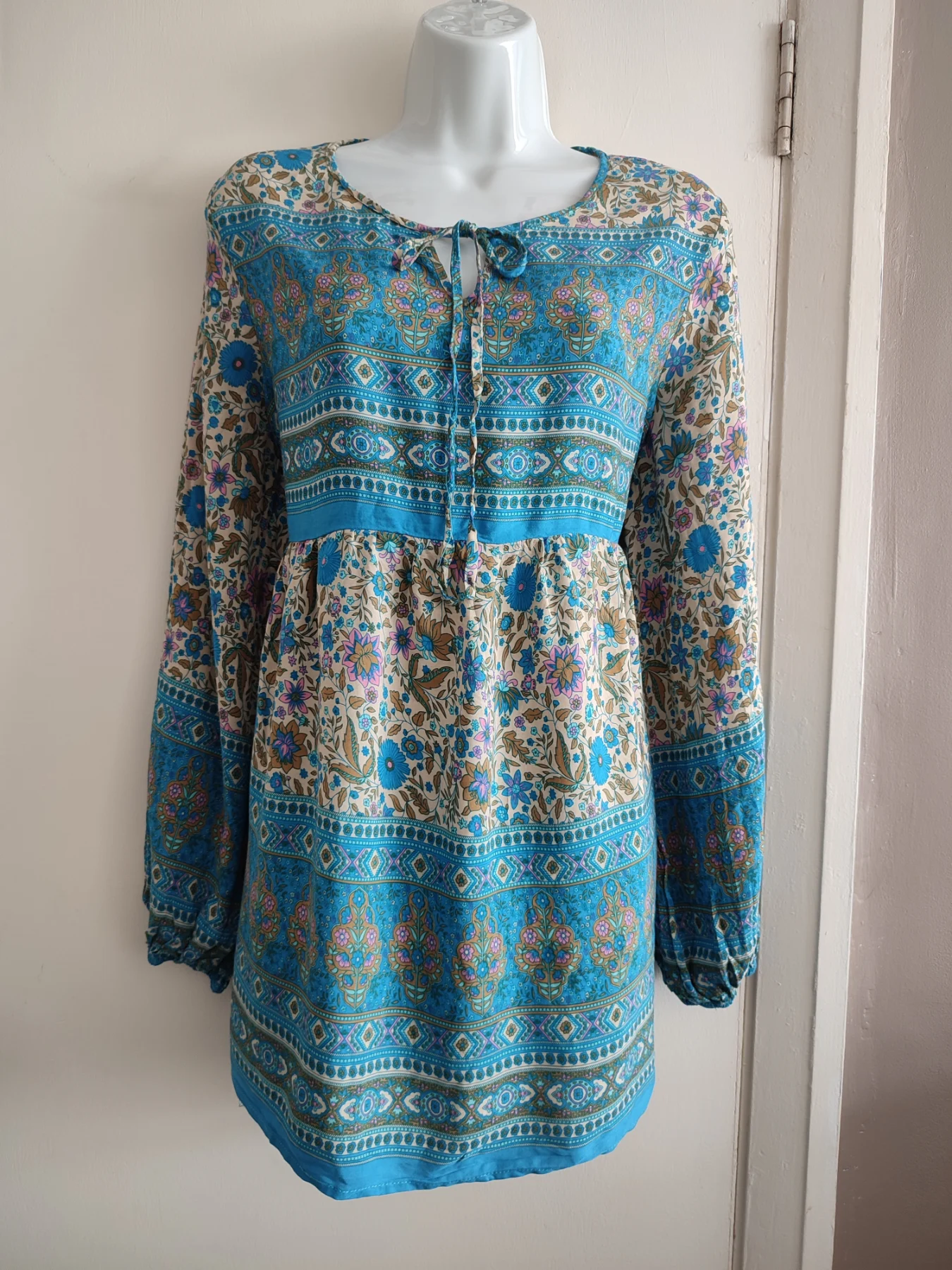 Emery Rose Turquoise Blue Floral Long Sleeve Boho Tunic Dress Size XL
