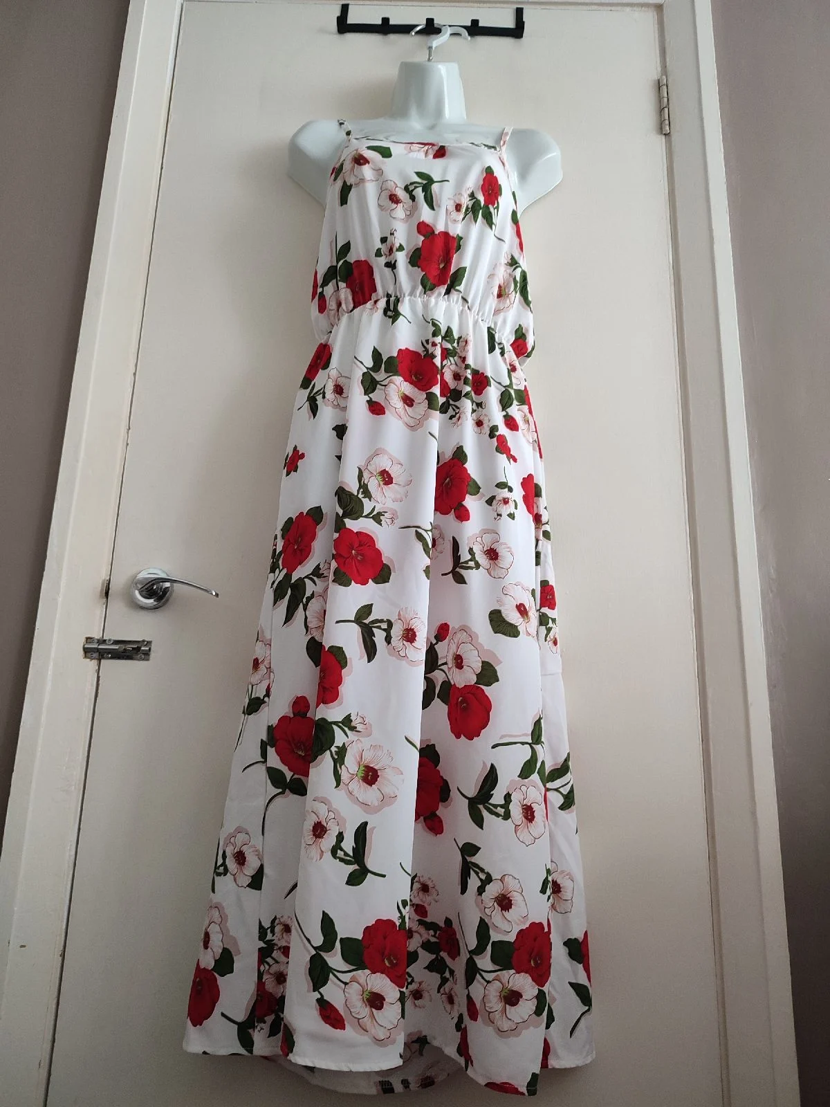 White Floral Cami Maxi Dress Size L Red Rose Print Elasticated Waist Strappy