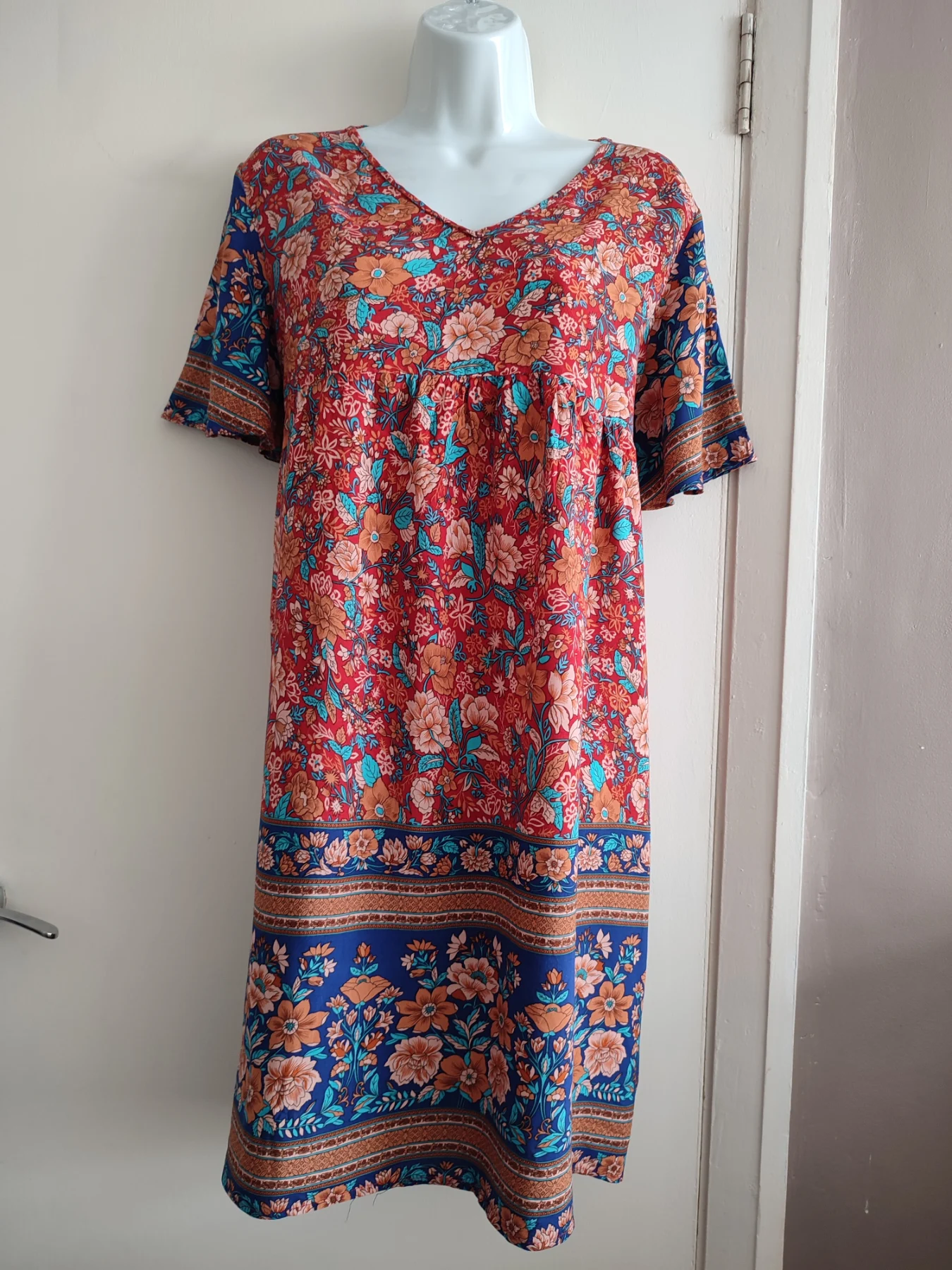 Emery Rose Red Floral Boho Smock Tunic Midi Dress Size XL
