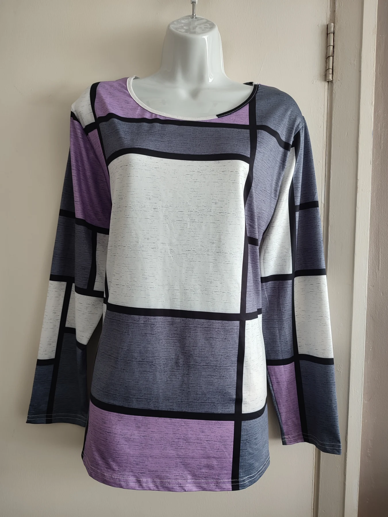 Womens Purple & Grey Abstract Geometric Long Sleeve Top Size 1XL UK 16