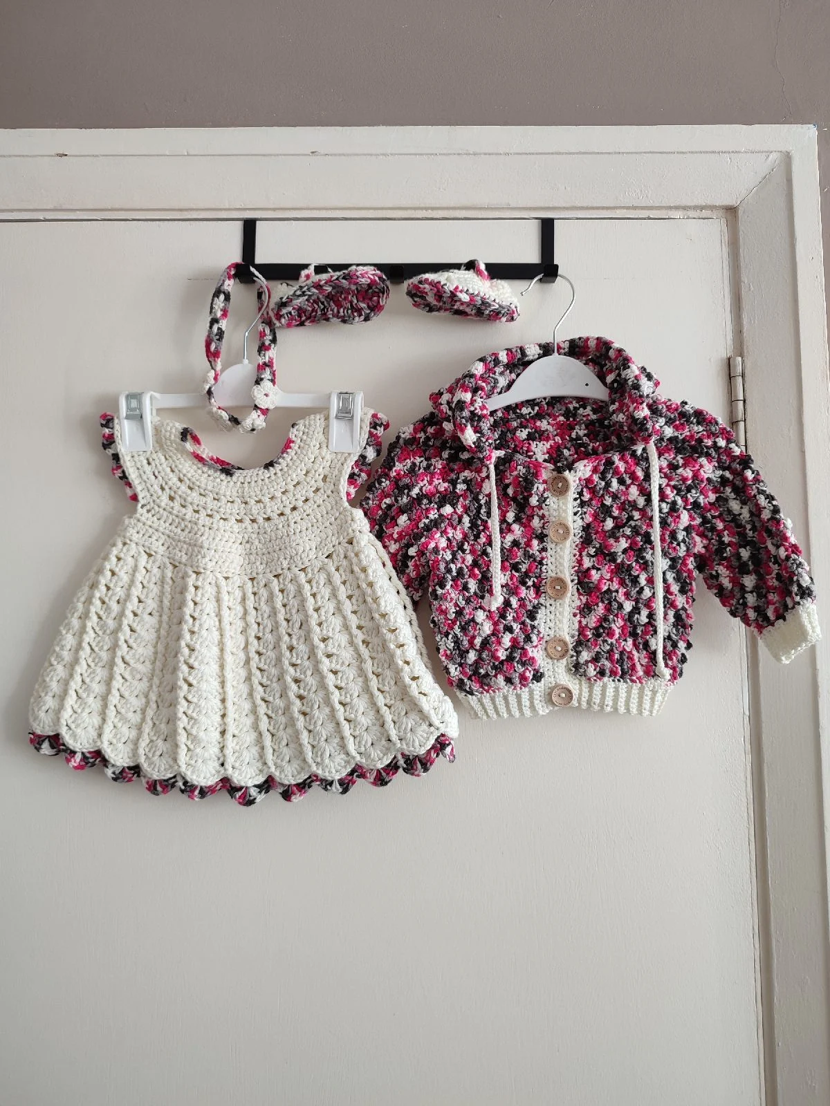 Handmade Crochet Baby Set - Dress, Hooded Cardigan, Booties & Headband (Pink/Cream)