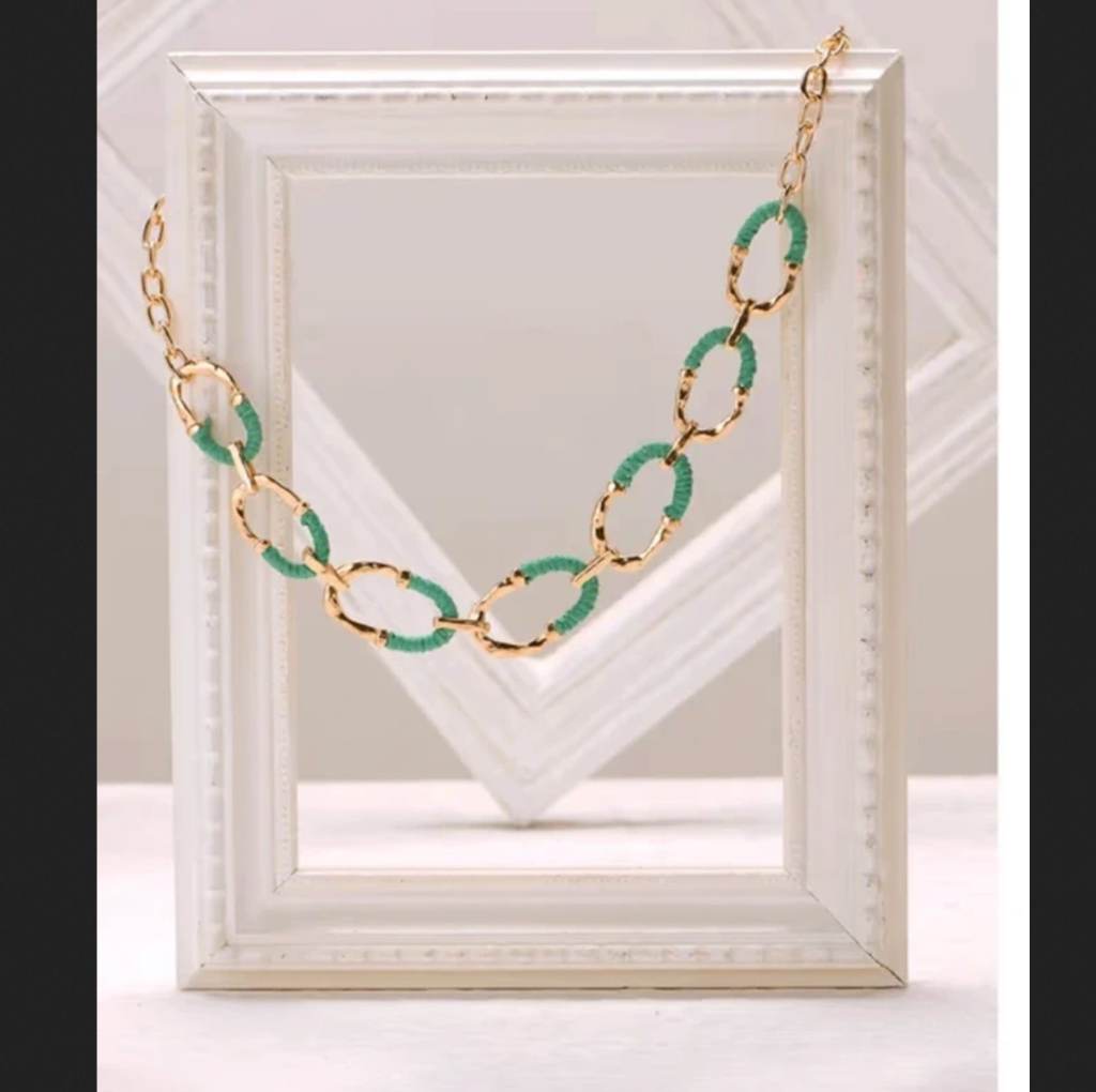 Accessorize Gold Hoop & Green Wrapped Chain Bib Necklace – One Size, Bold statement piece