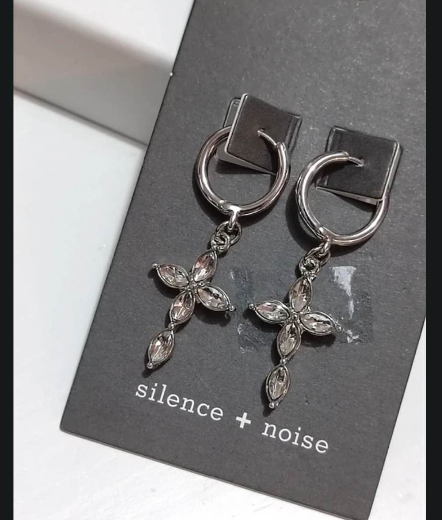 Urban Outfitters Clear Crystal Cross Small Hoop Earrings – Silver Tone, Dainty & Elegant