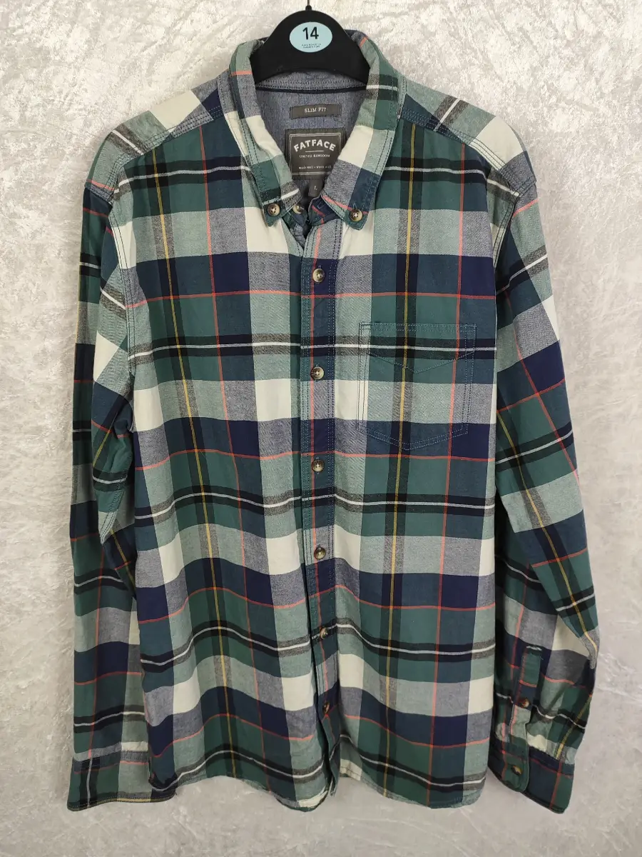 Fat Face Slim Fit Shirt Men's  Green Check Button Down UK size L