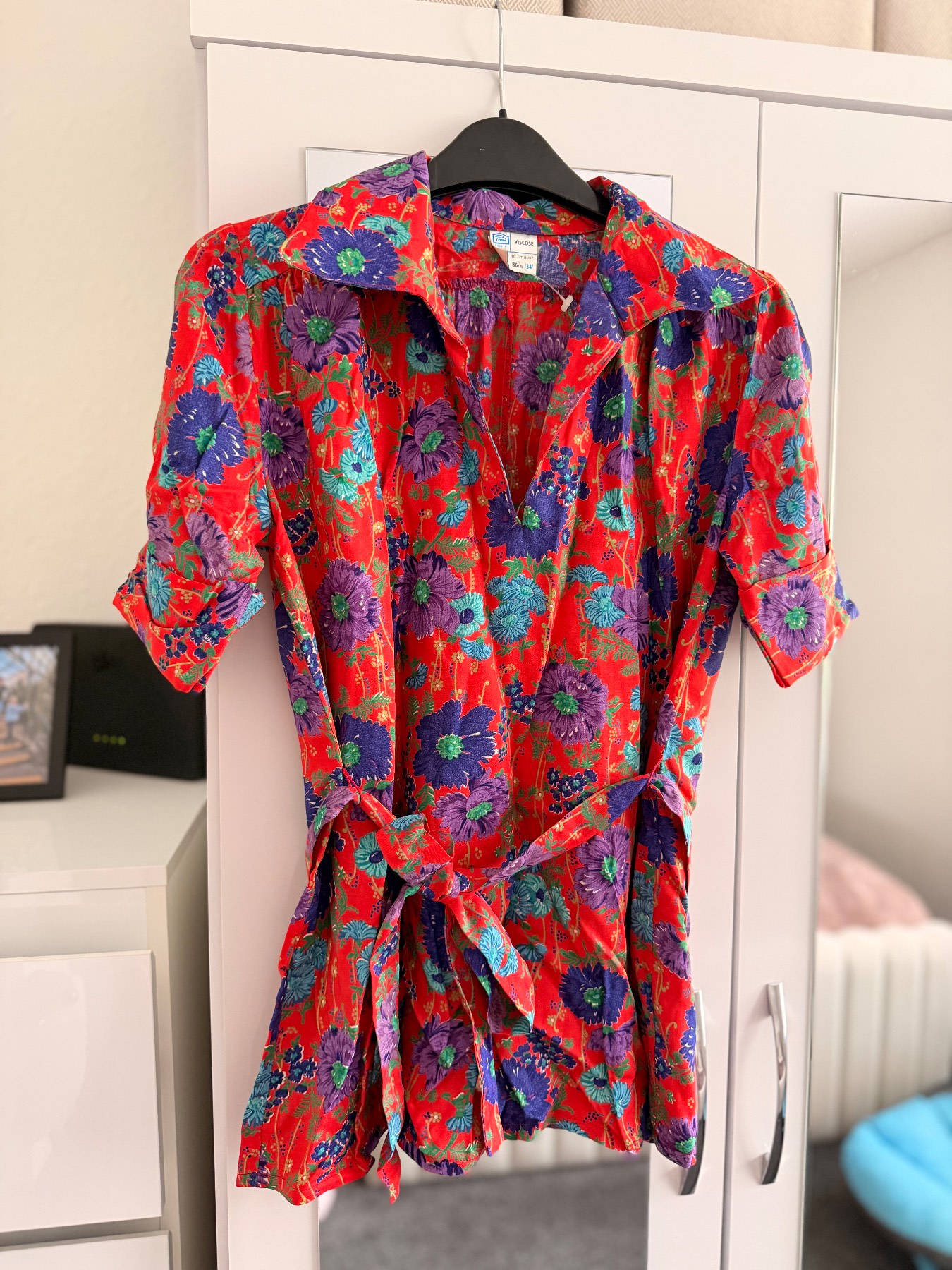 Vintage floral red belted shirt Short sleeve UK12