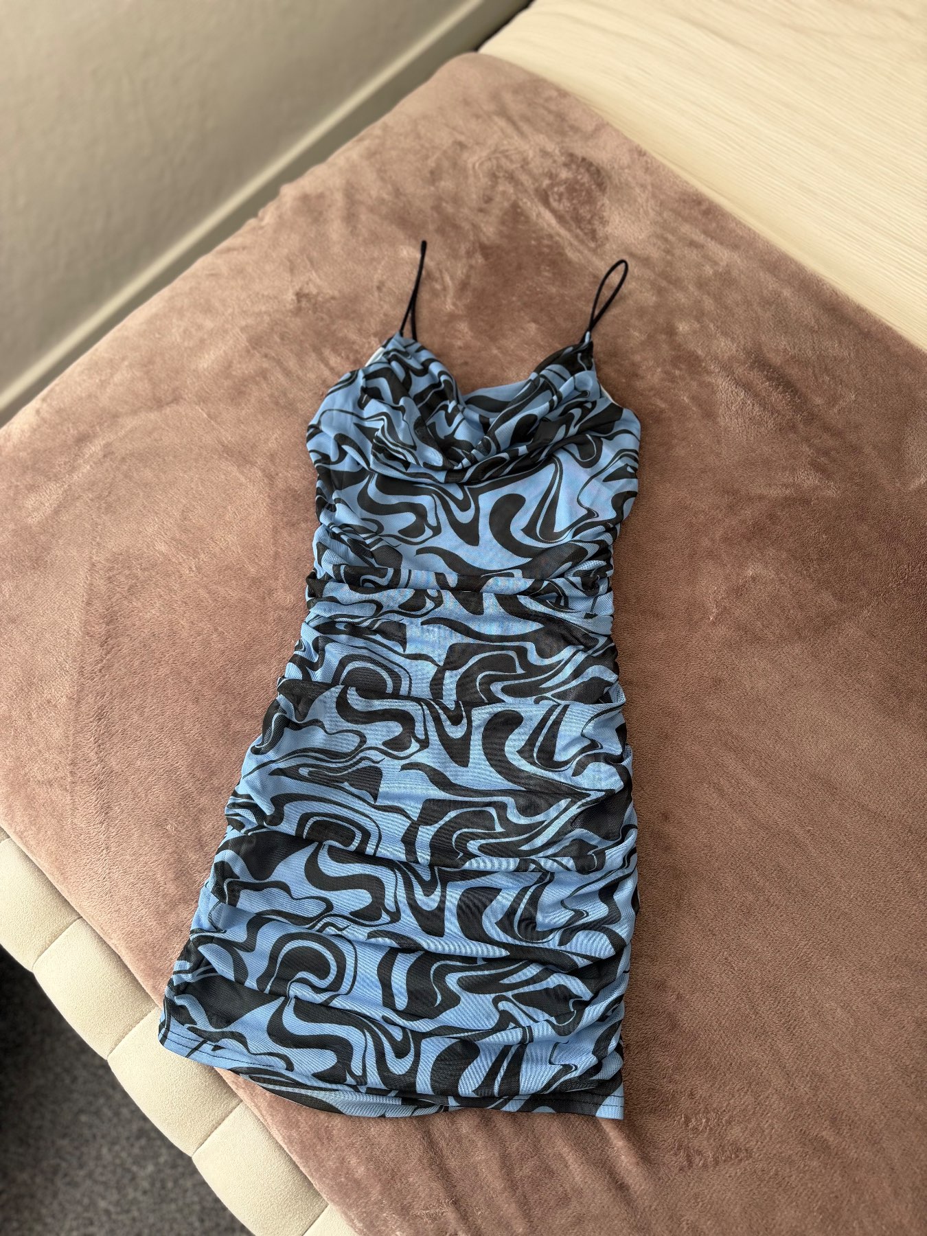 Quiz blue black marble cowl neck mini dress UK6
