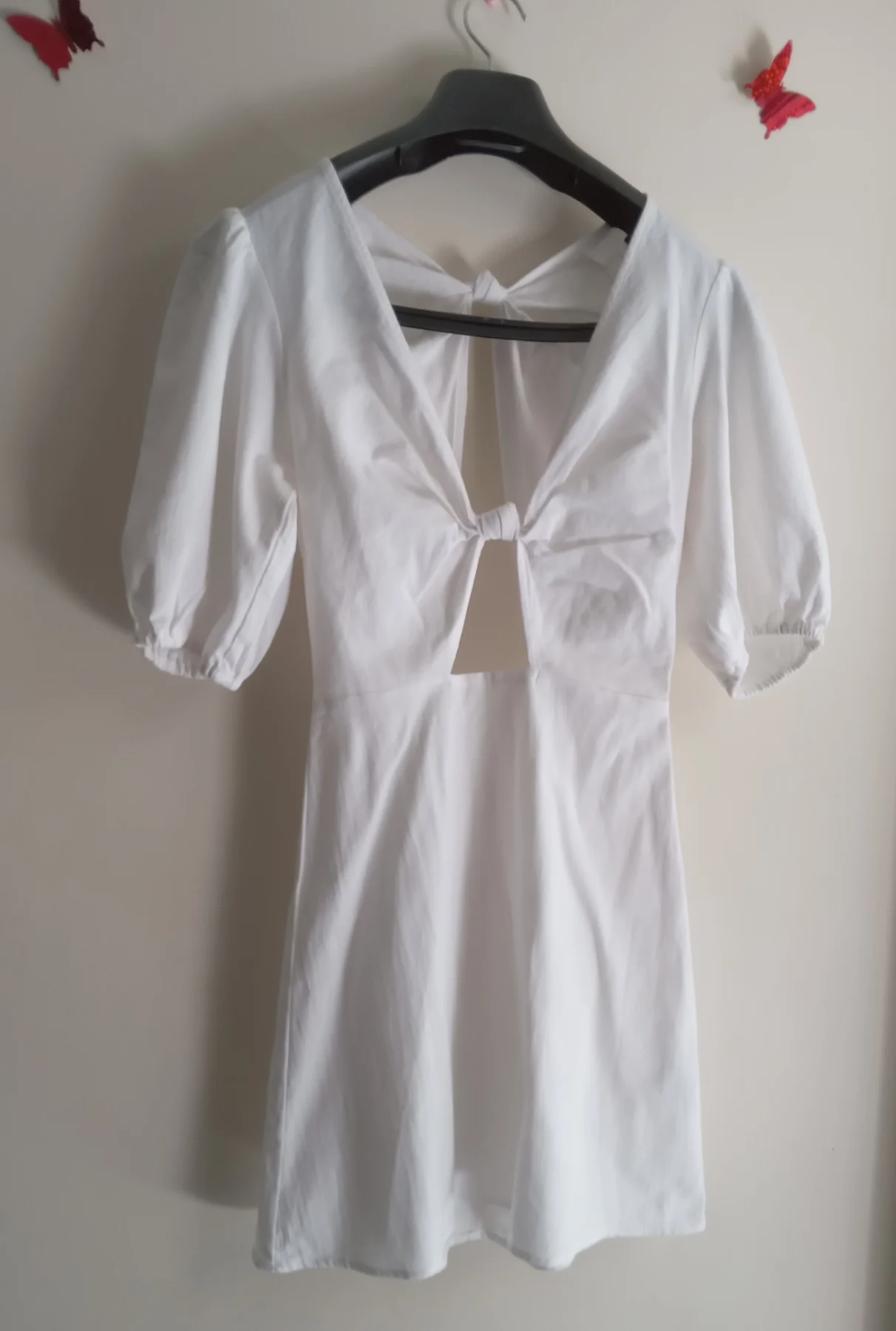 H&M White Cotton Cut-Out Mini Dress with Back Tie - Size XS / UK 6