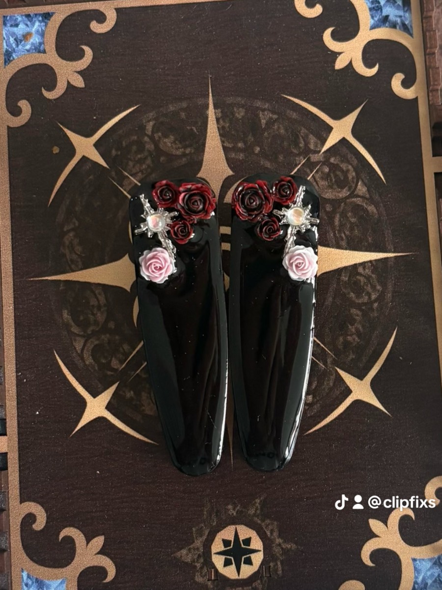 2 x gothic themed hair clip slides roses crosses