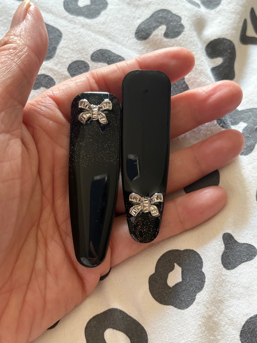 2 x holo glitter black tie bow hair clip slides