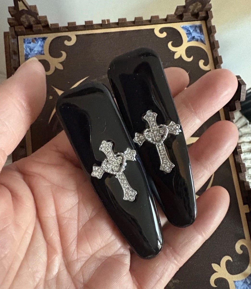2 x gothic diamanté cross hair clip slides
