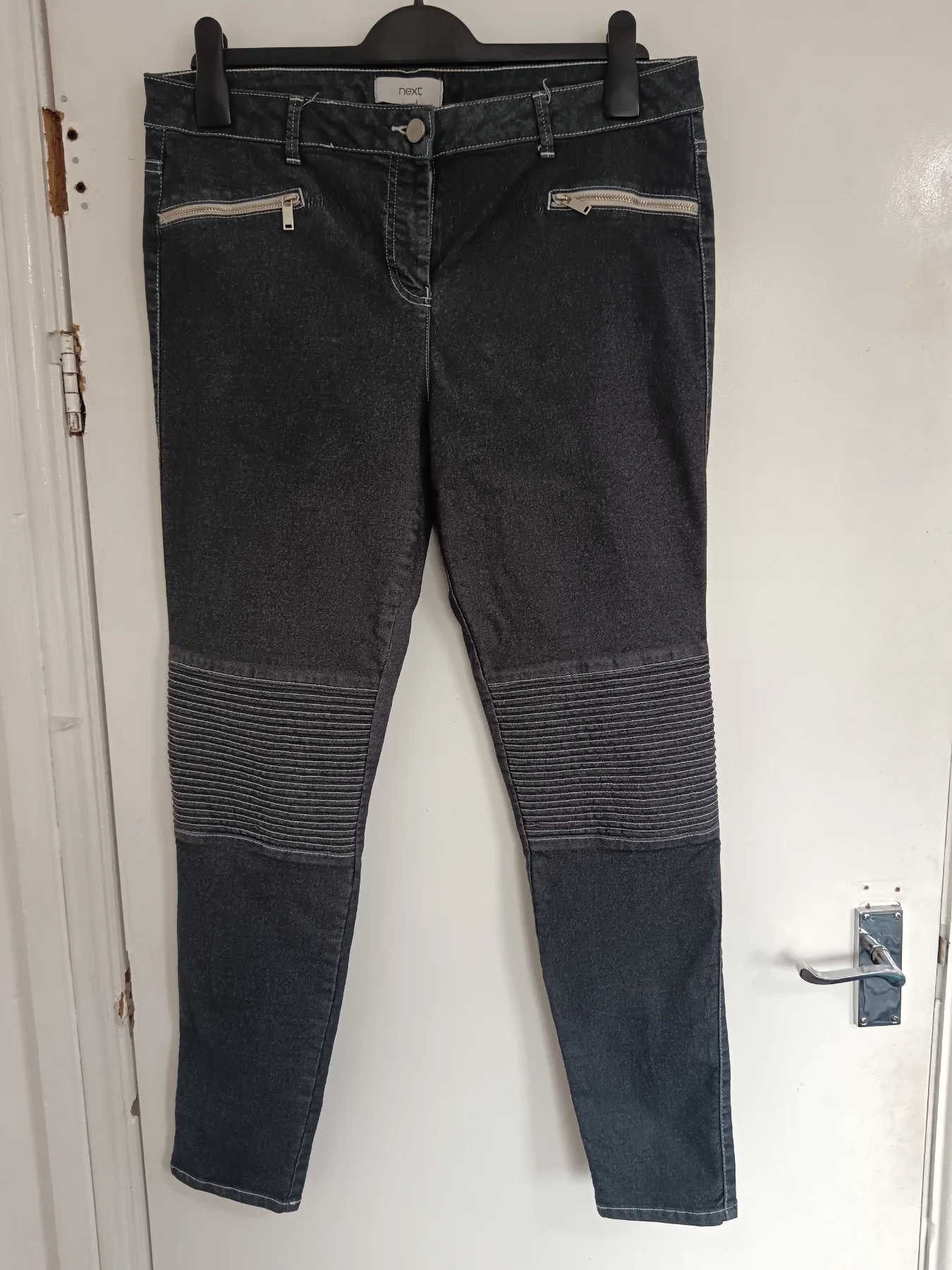Next Dark Biker Skinny Jeans – Zip Pockets & Ribbed Knees