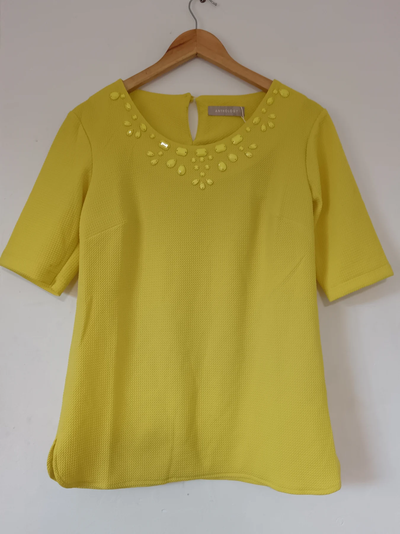 Anthology Yellow Embellished Neck Top – Short Sleeve