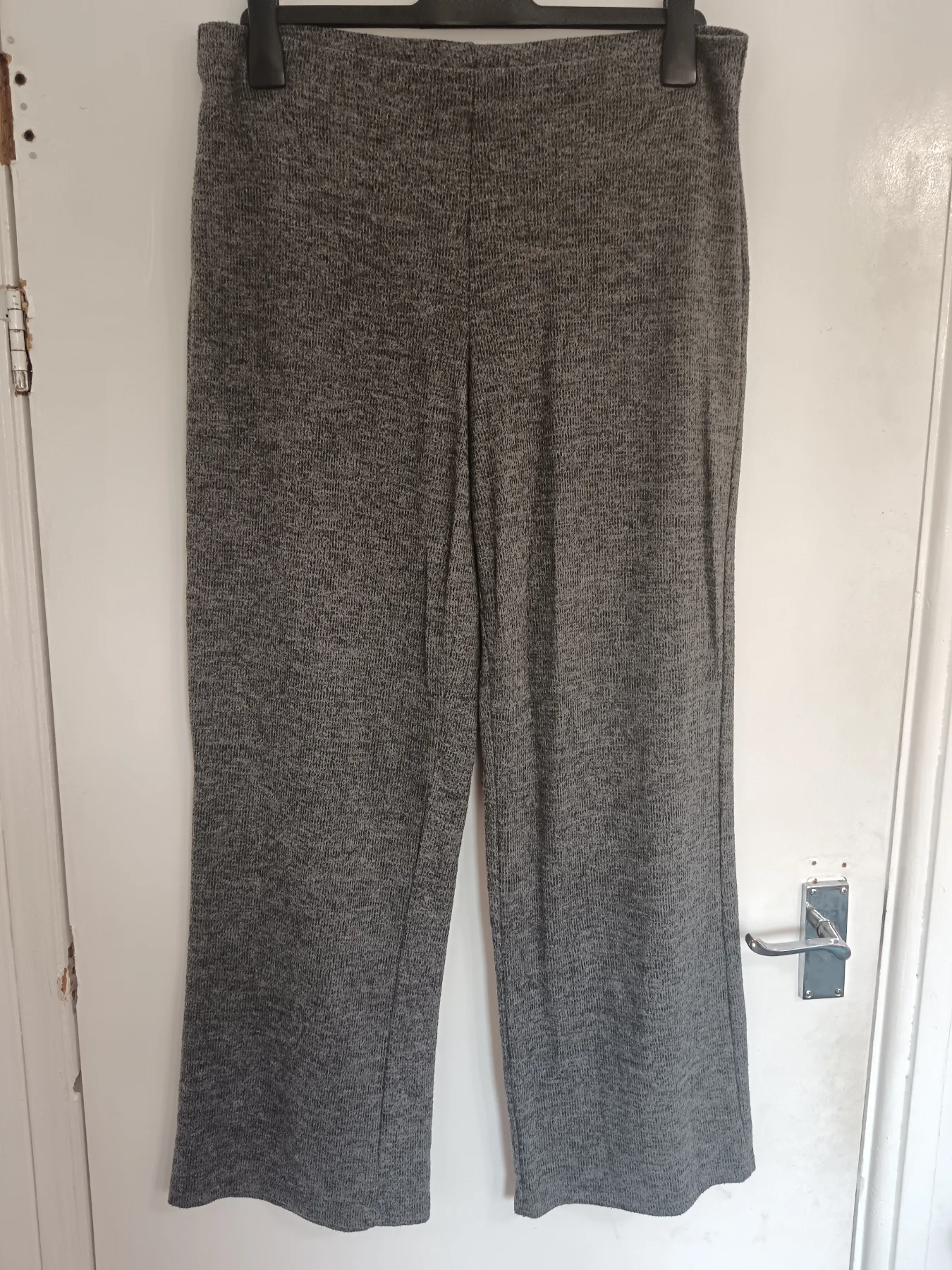 Grey Marl Ribbed Wide-Leg Trousers – Elastic Waist